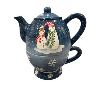 Pacific Rim Hand painted Ceramic Teapot and Cup With Snowmen & Snowflakes  7"